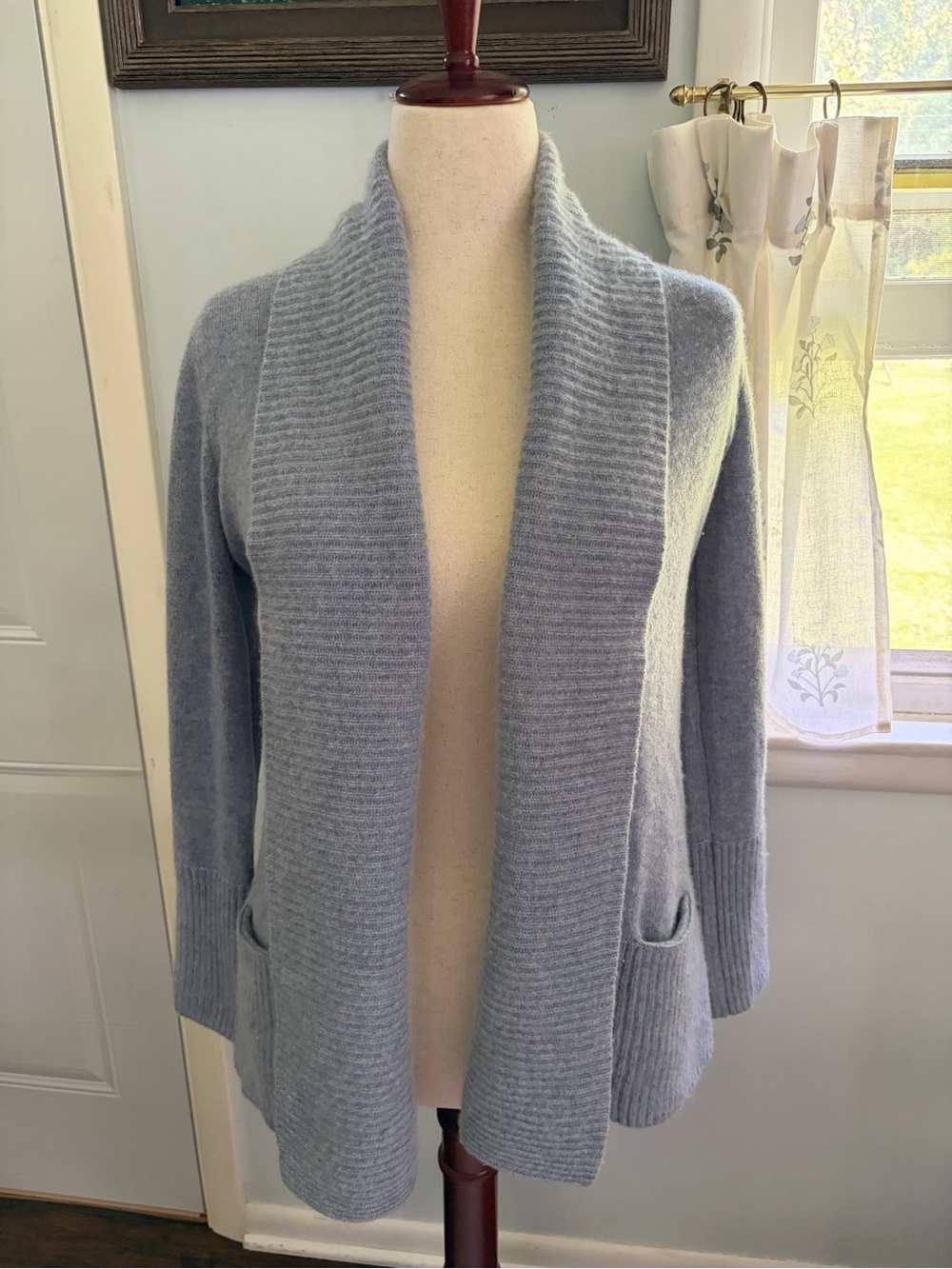 Cashmere Saks Fifth Avenue Coastal Blue Shawl Collar Cardigan Sweater